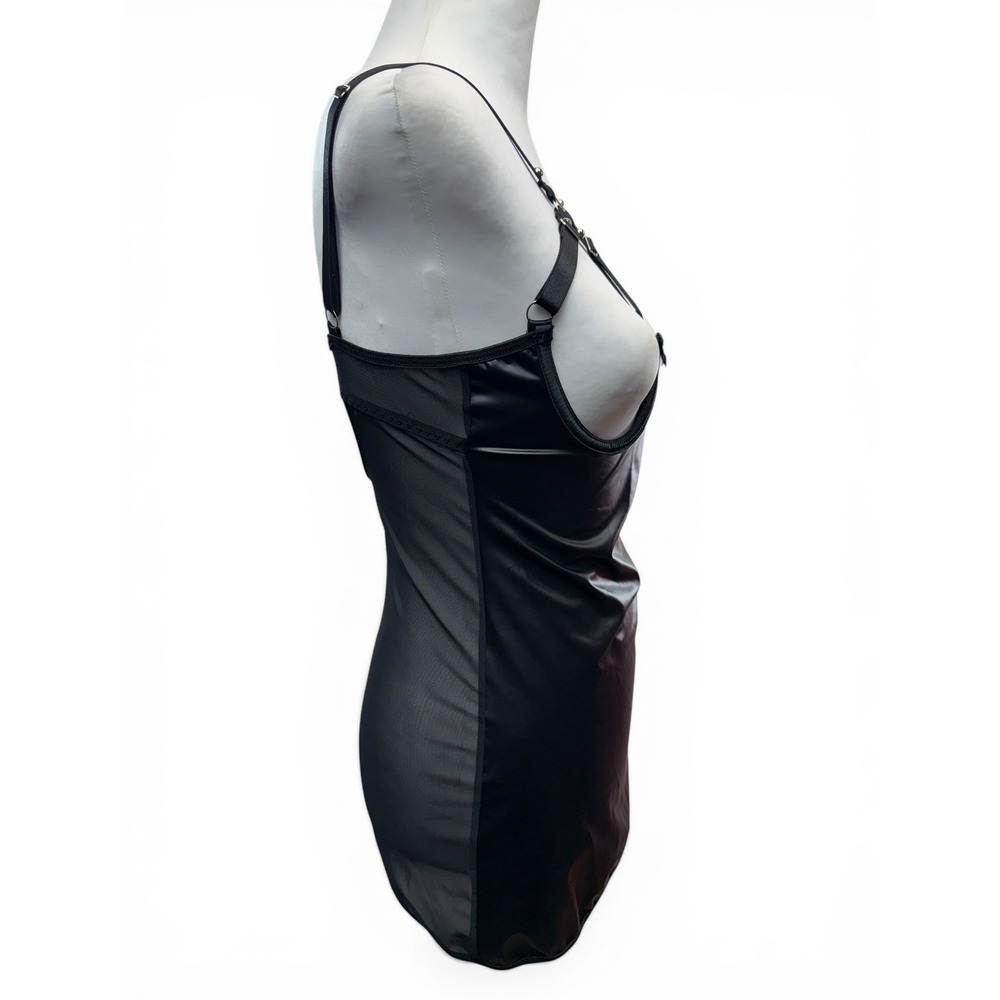 Open Bust Harness Chemise Mesh Mini Dress size XS-S Black Faux Leather Clubwear - Picture 4 of 5